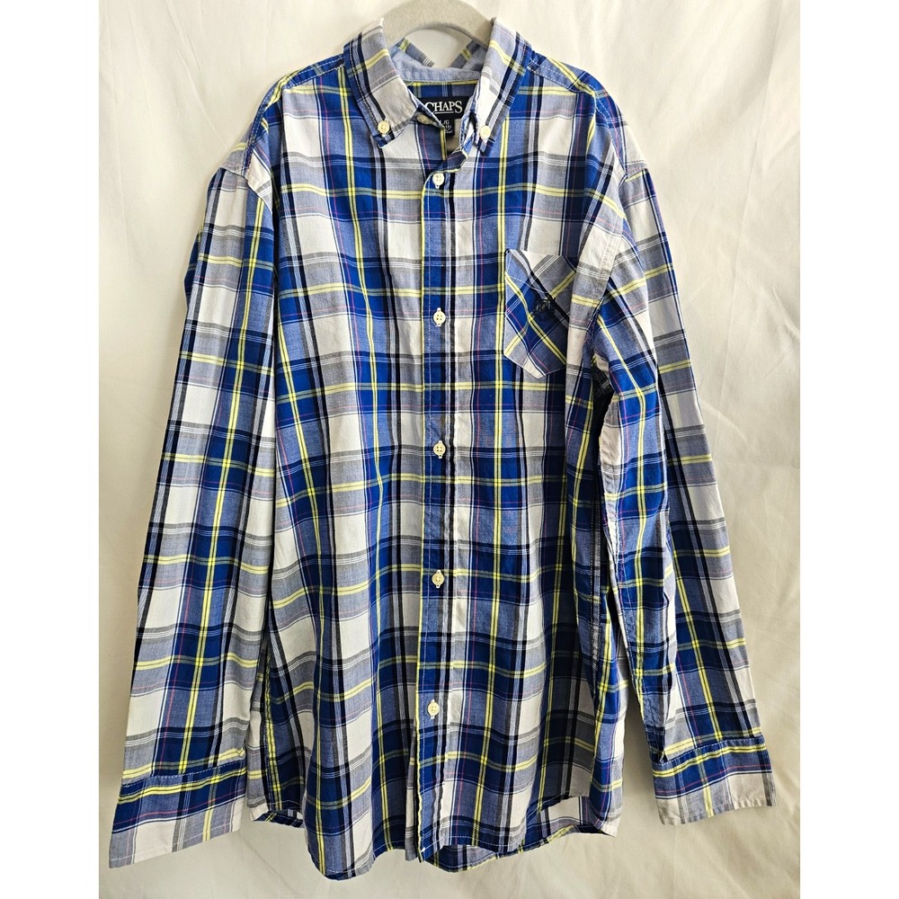 Chaps Boys 14-16 Blue Plaid Button-Down Long Sleeve Woven Shirt Cotton/Poly